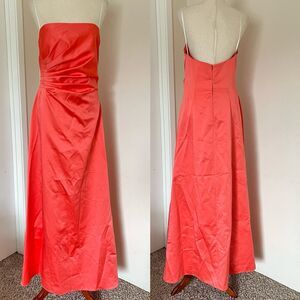 Vintage 90s Cache Strapless Satin Coral Evening Prom Formal Dress Y2K Ruched